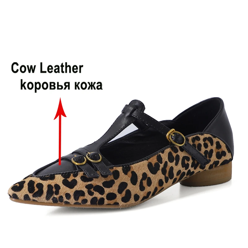 Meotina Women Genuine Leather T-Strap Pointed Toe Flats Buckle Leopord Ladies Mixed Colors Fashion Shoes Spring Autumn Apricot