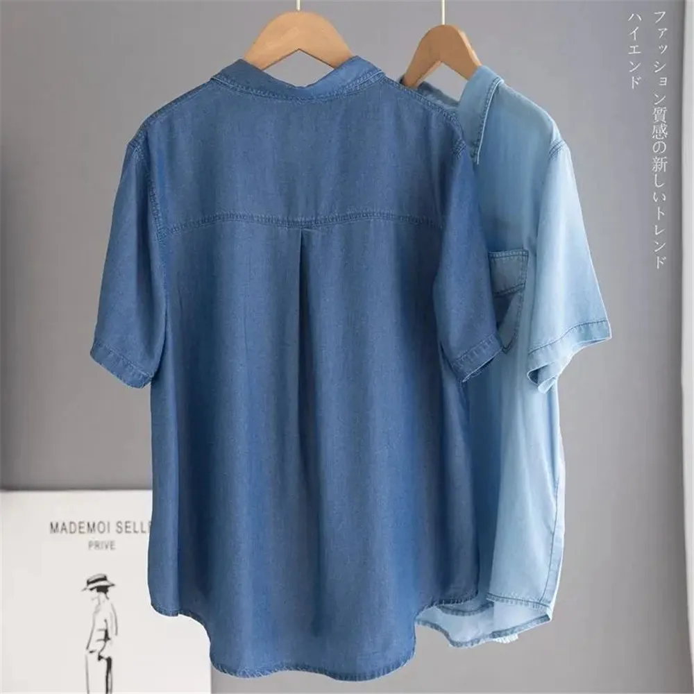 Y2k Solid Demin Blouse 2024 Elegant Short Sleeve Blue Women Casual Solid Loose Tops Tees Summer Button Up Lapel Oversized Blusas