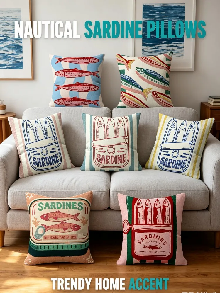Vintage Sardine Fish Can Print Throw Pillow Covers, Retro Coastal Nautical Seafood Art Decorative Square Cushion Cases, Cartoon