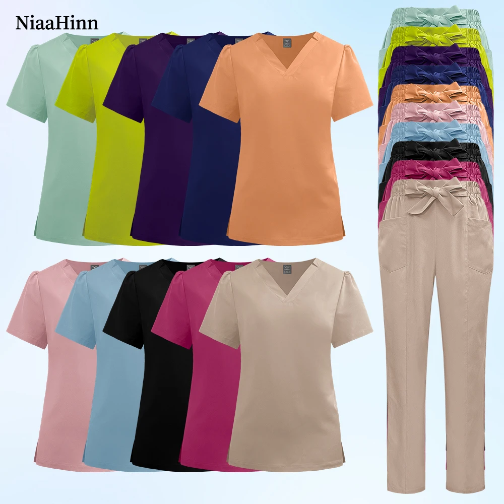 

Surgery Uniform Breathable Scrub Work Clothes Women Short Sleeved Vet Tops Pants Suit Pharmacy Workwear Beauty Salon Spa Uniform
