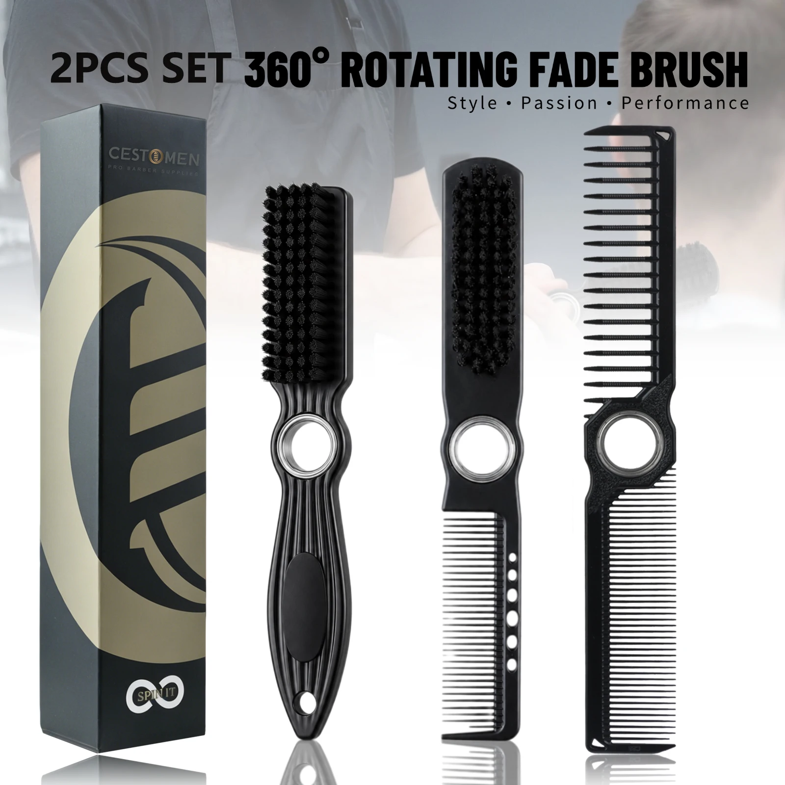 2-teiliges Set 360 °   Drehbare Barber-Fade-Bürste, doppelseitiger Haarstyling-Kamm, Nackenbürste zum Entfernen von Haarresten, professionelles Friseurwerkzeug