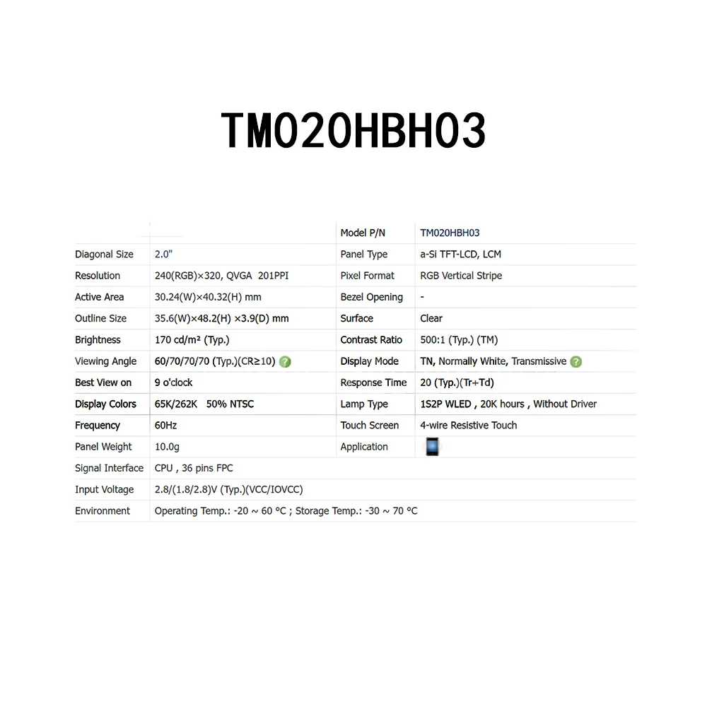 Fully Teste  TM020HBH03 240*320 2.0-Inch High Quality monitor For industrial LCD control module