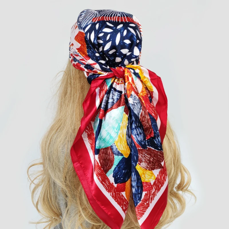 Foulard en soie pour femme, carré, marque, bandana de bureau, silencieux, serveuse, agents de bord, anneaux, mouchoir, 90x90cm