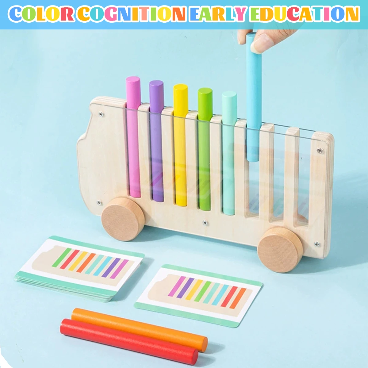 Wooden Bus Stick-insert Game Math Learning Toys，Birthday Gift Color Matching Game Toy，for Home School Living Room Age 18M+