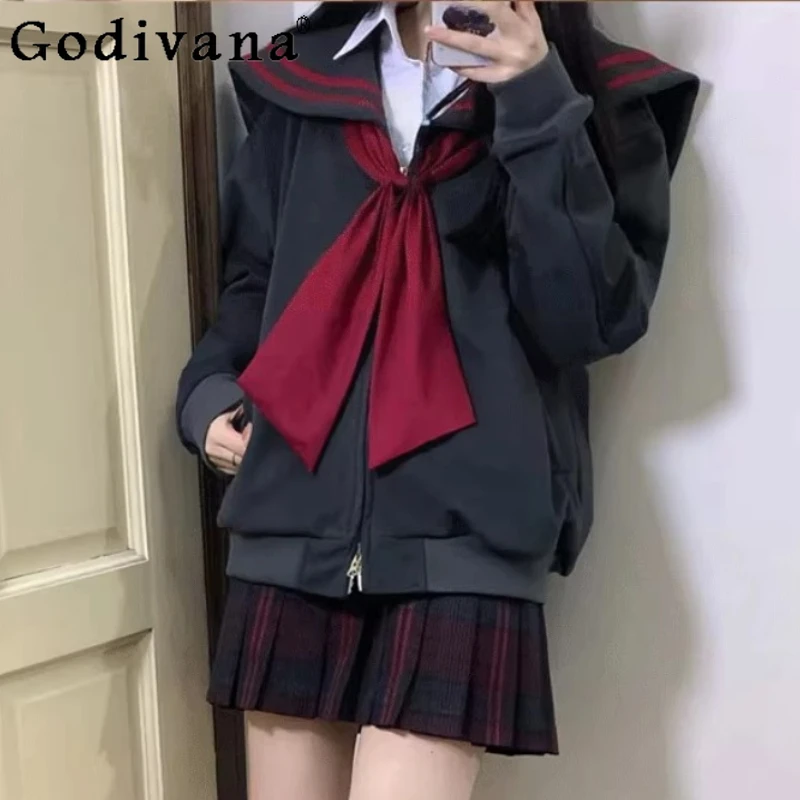 

Women Spring Autumn Elegant Japanese Striped Navy Collar Thin Loose JK Sweatshirt Retro College Leisure Long Sleeve Cardigan Top