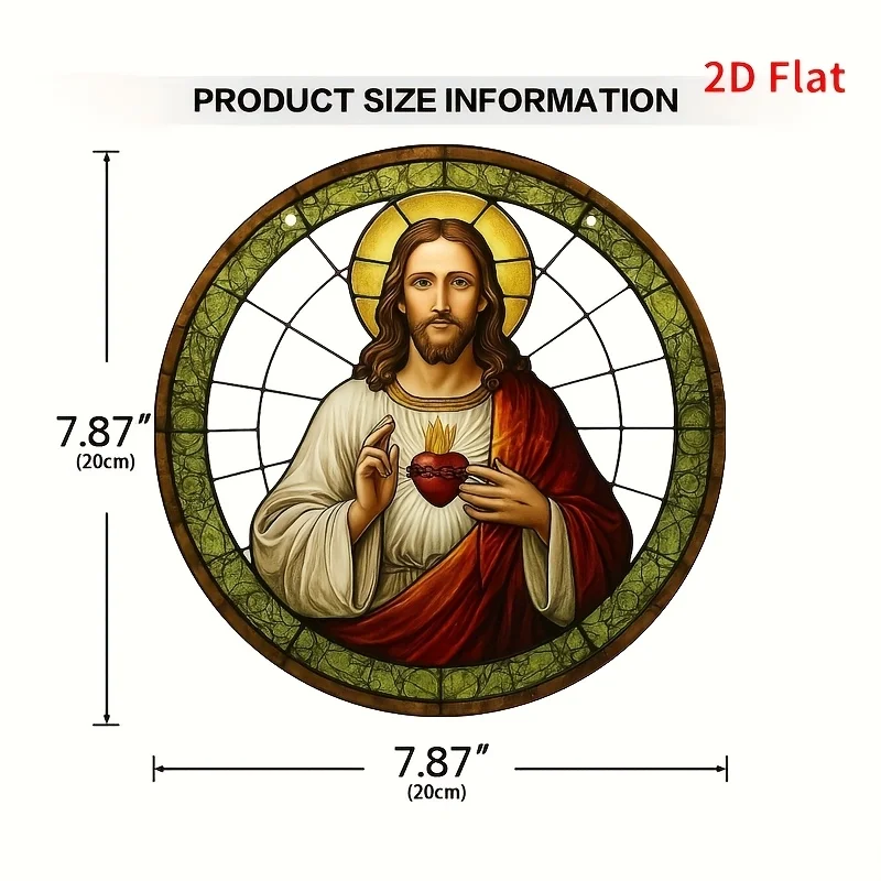 Acrylic Painting Stained Glass Style Sacred Heart of Jesus Window Hanging Suncatcher, 2D Flat Acrylic Panel Wall Decor for Churc
