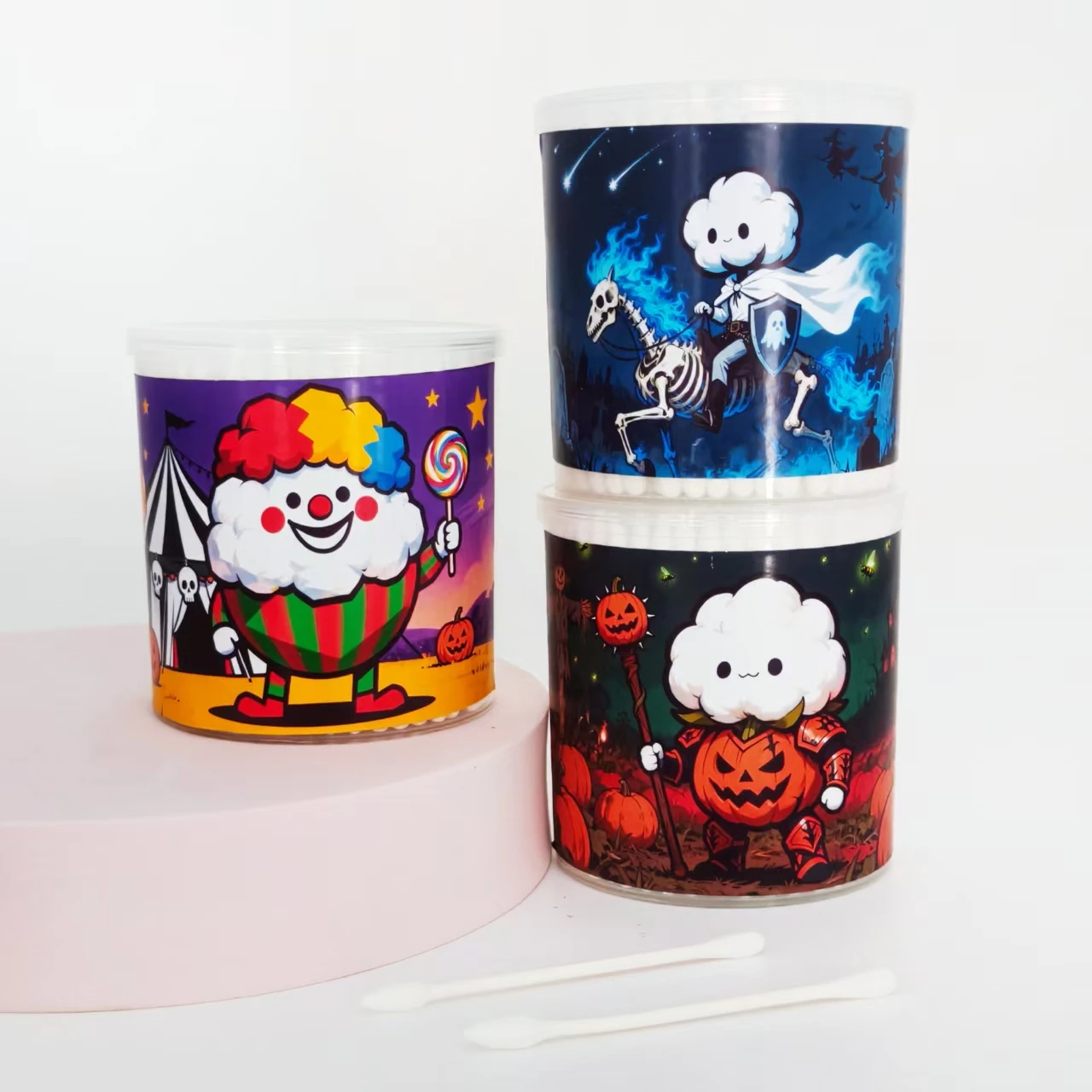 800개/1000개 할로윈 테마 모델링 면봉 실린더 박스 화이트 코튼 볼 휴일 선물 코튼 볼