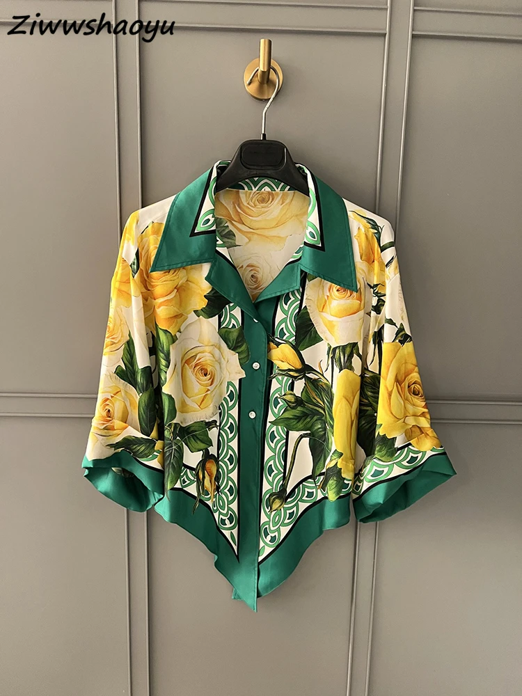 

High Quality Summer Women Fashion Runway Designer Half Sleeve Yellow Floral Printed Bow Real Silk Loose Shirts Blouses
