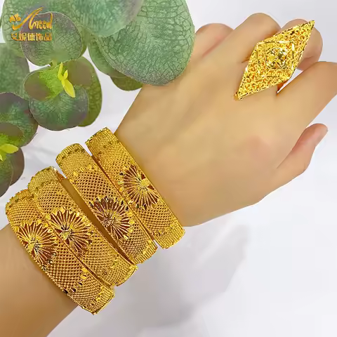 ANIID Fashion Dubai Bridal 24k Gold Color Round Bracelets Bangles  Ethiopian Luxury Hand Jewelry for Indian Wedding Party Gifts