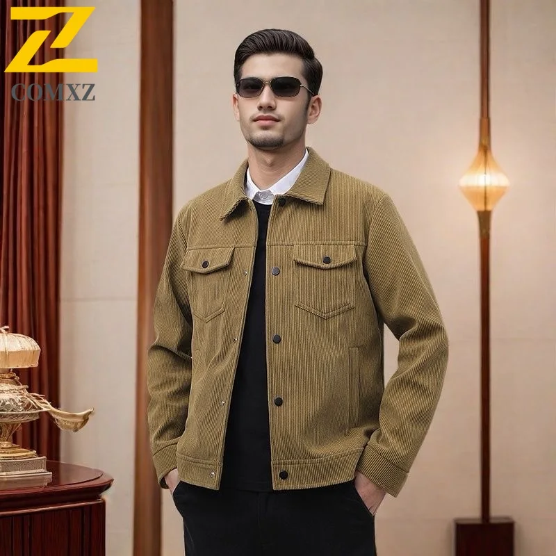 

COMXZ 2025 Autumn Spring Corduroy Jacket Men Business Casual Stand Collar Long Sleeve Minimalist Versatile Trendy Coat