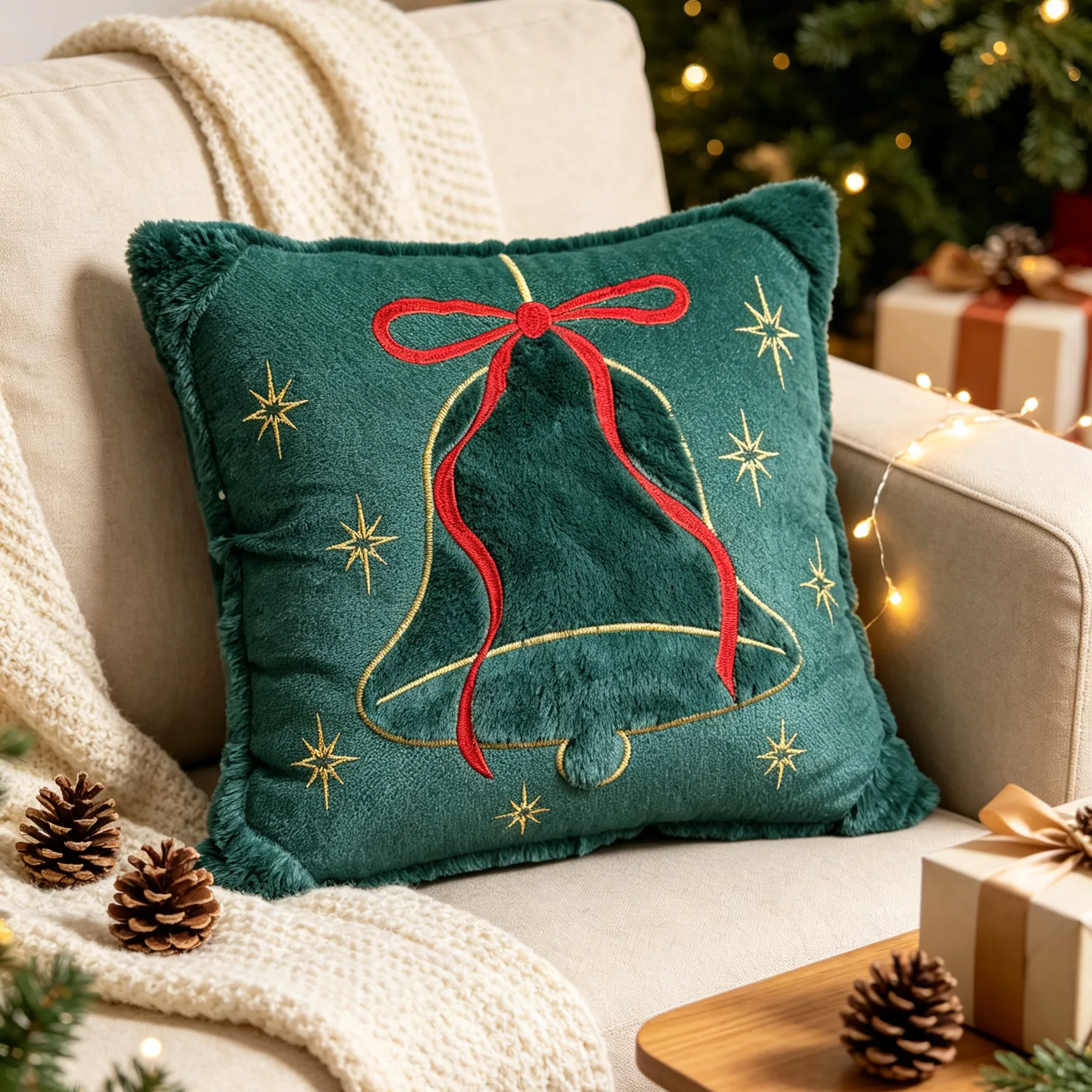 Weihnachtlicher grüner Kissenbezug mit gestickten Schneeglocken und Schleifen, Sofadekoration, Kissenbezug, Kopfteil-Kissenhülle – Detail 8