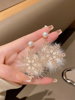 1PC Winter Plush Snowflake Earrings With a High-end and Atmos Pheric Design, Princess Style Zircon Pearl Earrings