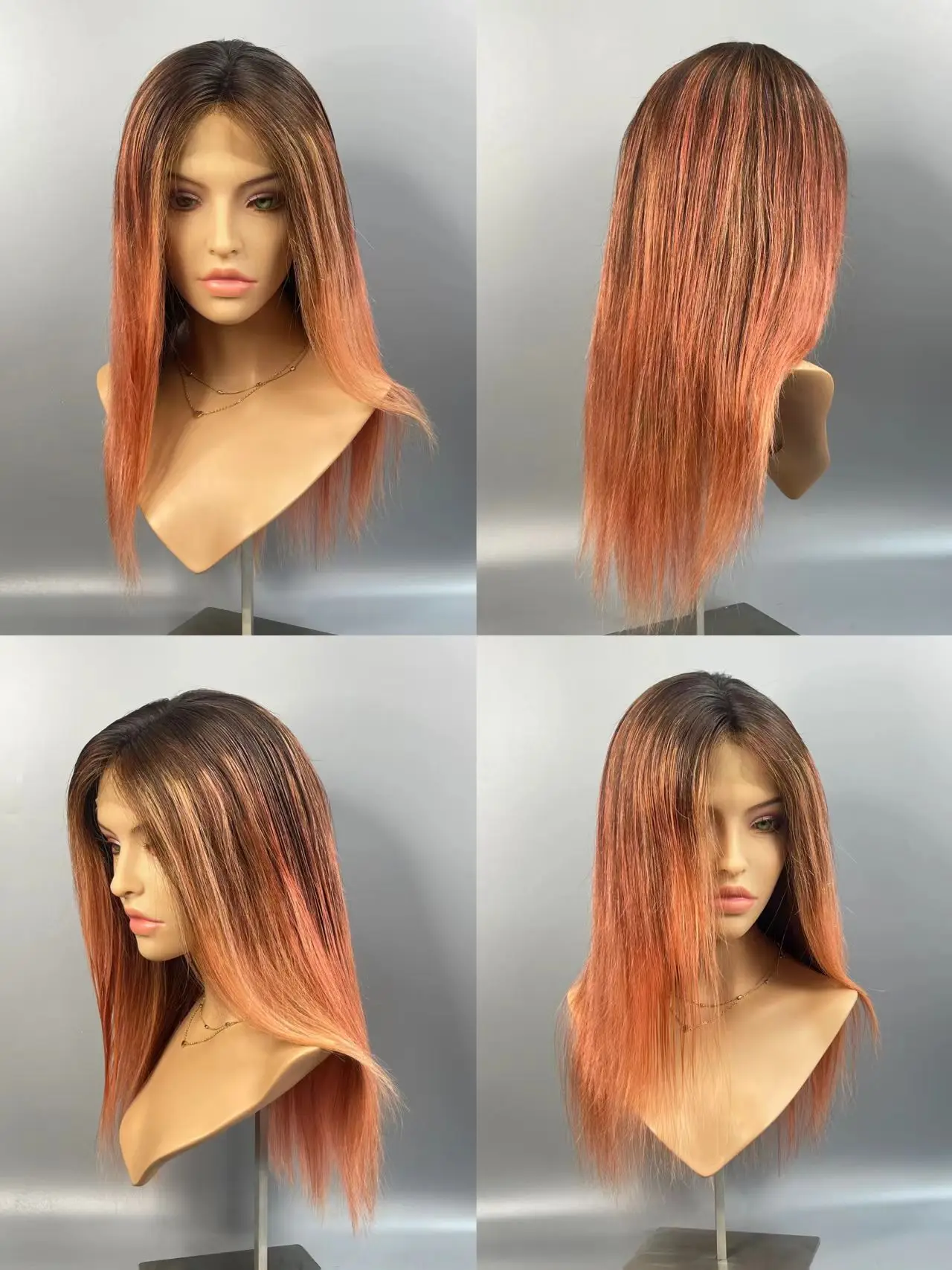 2026 Glueless Brown Root to Peach Pink Ombre Straight Wig 100% Human Hair 13x6 Lace Front Silicone Non-Slip Grip For Women