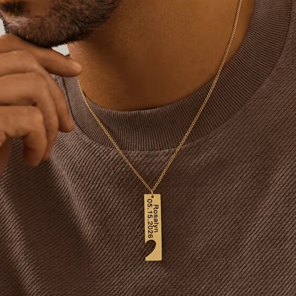 Custom Engraved Bottle Opener Bar Necklace Silver Stainless Steel Rectangular Tag Pendant Personalized Text Date Engraving