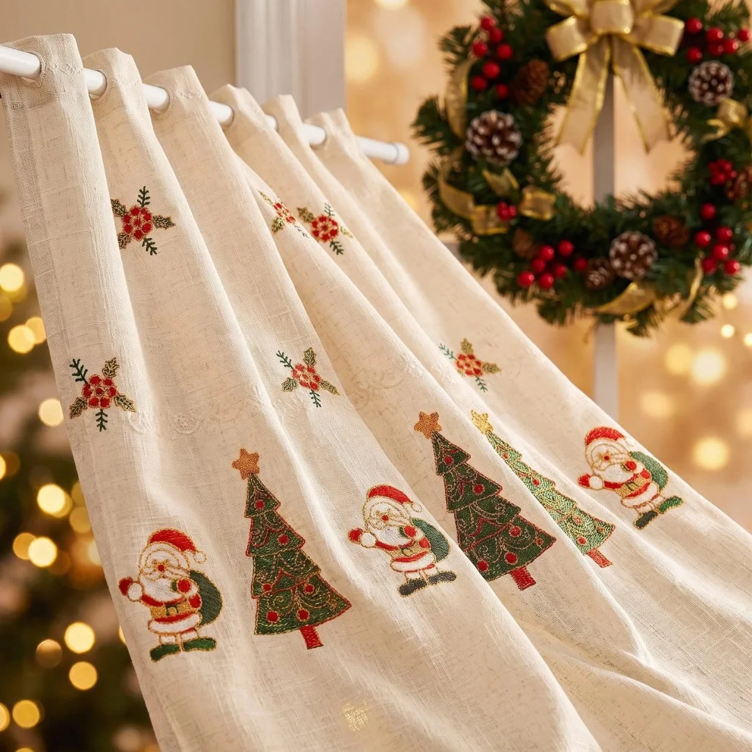 Santa Claus coffee short curtain, double-row lace decorative short curtain without punching, retro American cabinet curtain,