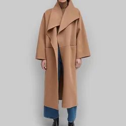 2021 Winter Wool Cashmere Long Coat Silhouette Side Slit Lapel Long Trench For Women