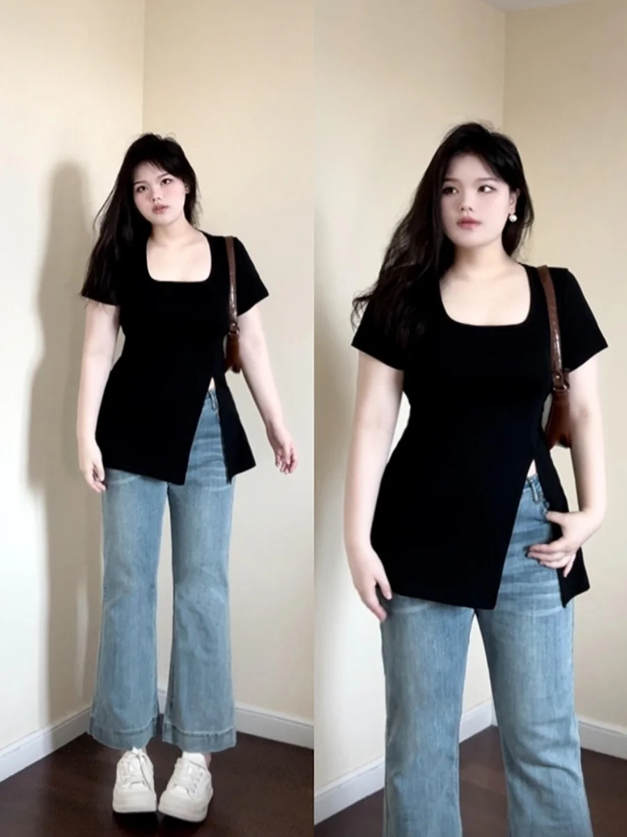 

plus Size Women's T-Shirt Square Collar Short Sleeve Slimming Waist Design Korean Style Summer Fashion Top