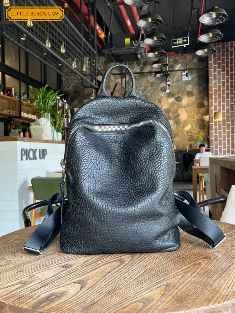 Soft Natural Sheepskin Casual Backpack Unisex Zip Office Work Versatile Genuine Leather Backpacks Male Korean Style Harajuku Bag