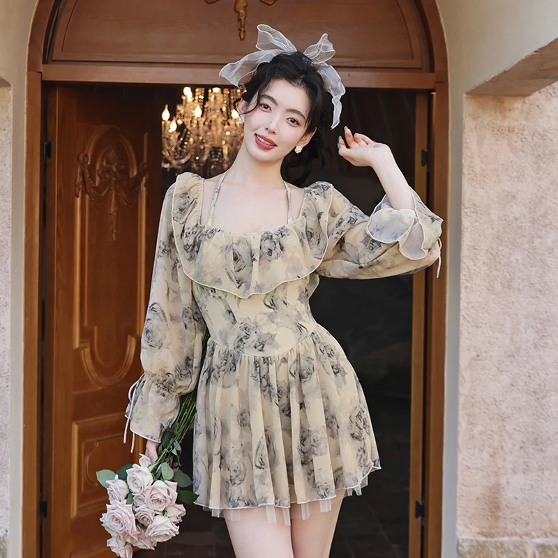 

Ladies Vintage Puff - Sleeve Square Neck Embroidered Chiffon One-Piece Swimsuit Long Sleeve Uv Protection Vacation Pool Party
