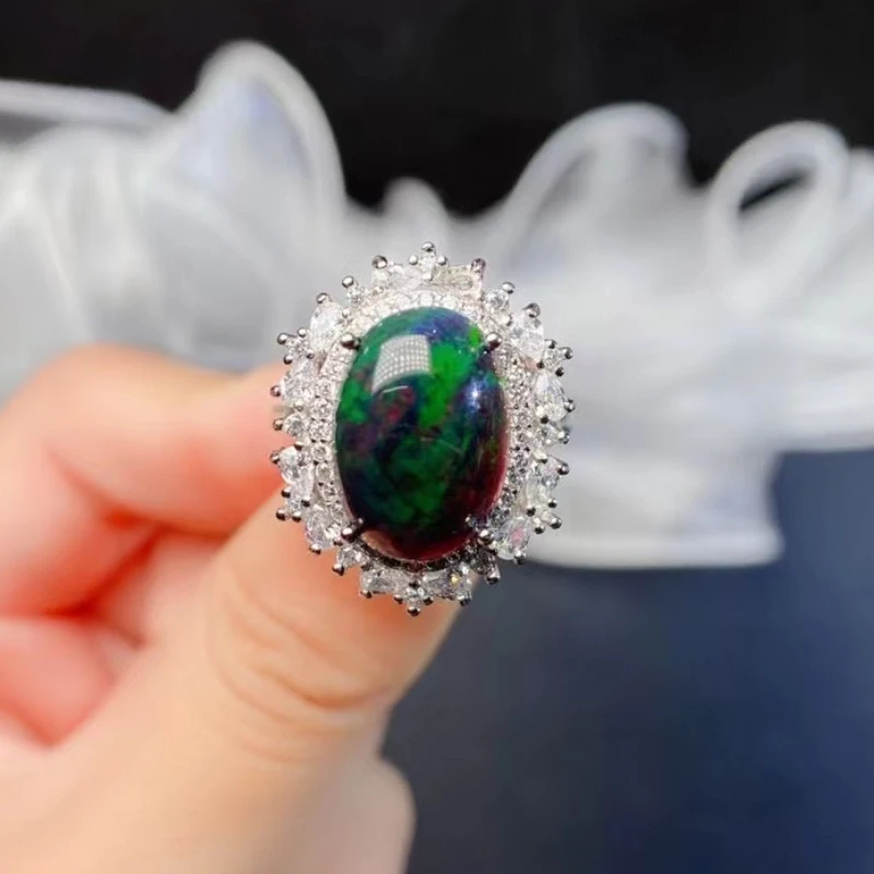 Luxury 925 Silver Black Opal Ring 10mm*14mm 3ct Natural Opal Silver Ring for Party No Fading 18K Gold Plating Opal Jewelry