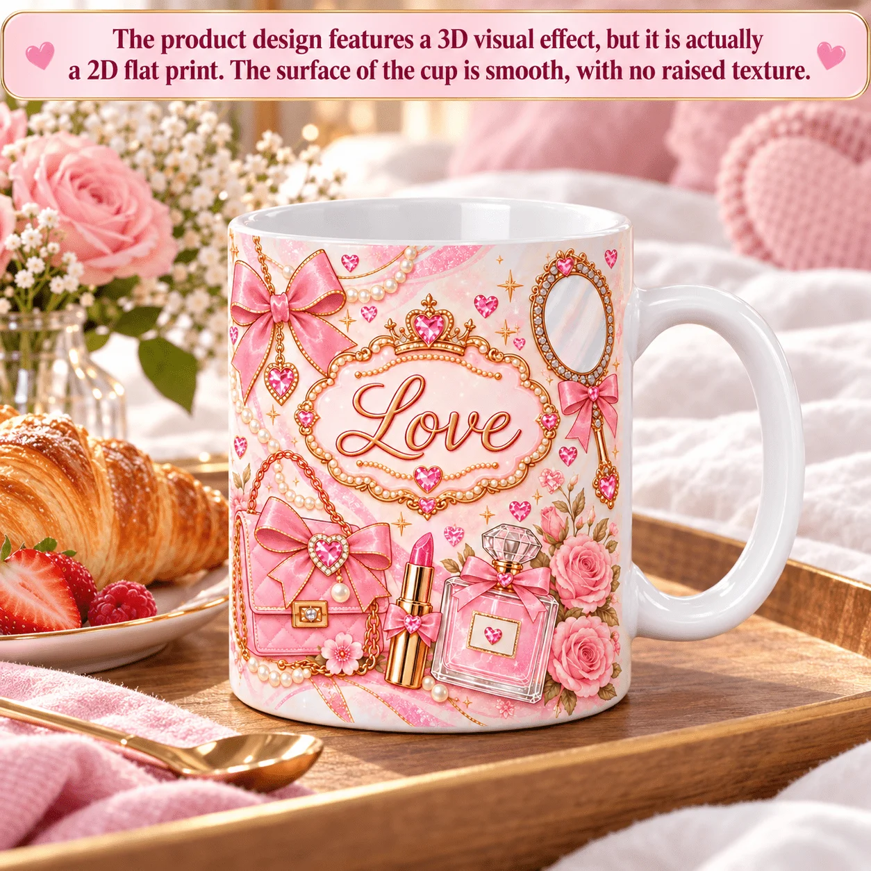 1pc 11oz Custom Personalized Name Or Text Mug Luxury Girly Handbag Rose Design Flat Print Perfect Gift for Valentine's Day Birth
