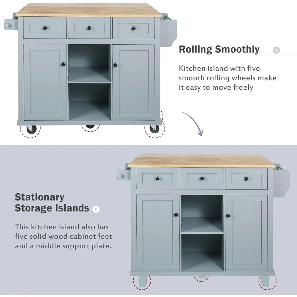 53.10" Kitchen Cart on 5 Wheels with Storage Cabinet, Mobile Kitchen Island with Rubberwood Drop-Leaf Countertop