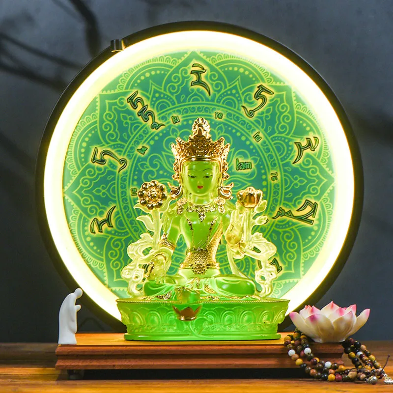 Tibetan Green Tara Statue Water Glaze Buddha Figurine LED Light Ring Backflow Incense Burner Wood Base Buddhist Desktop Decor