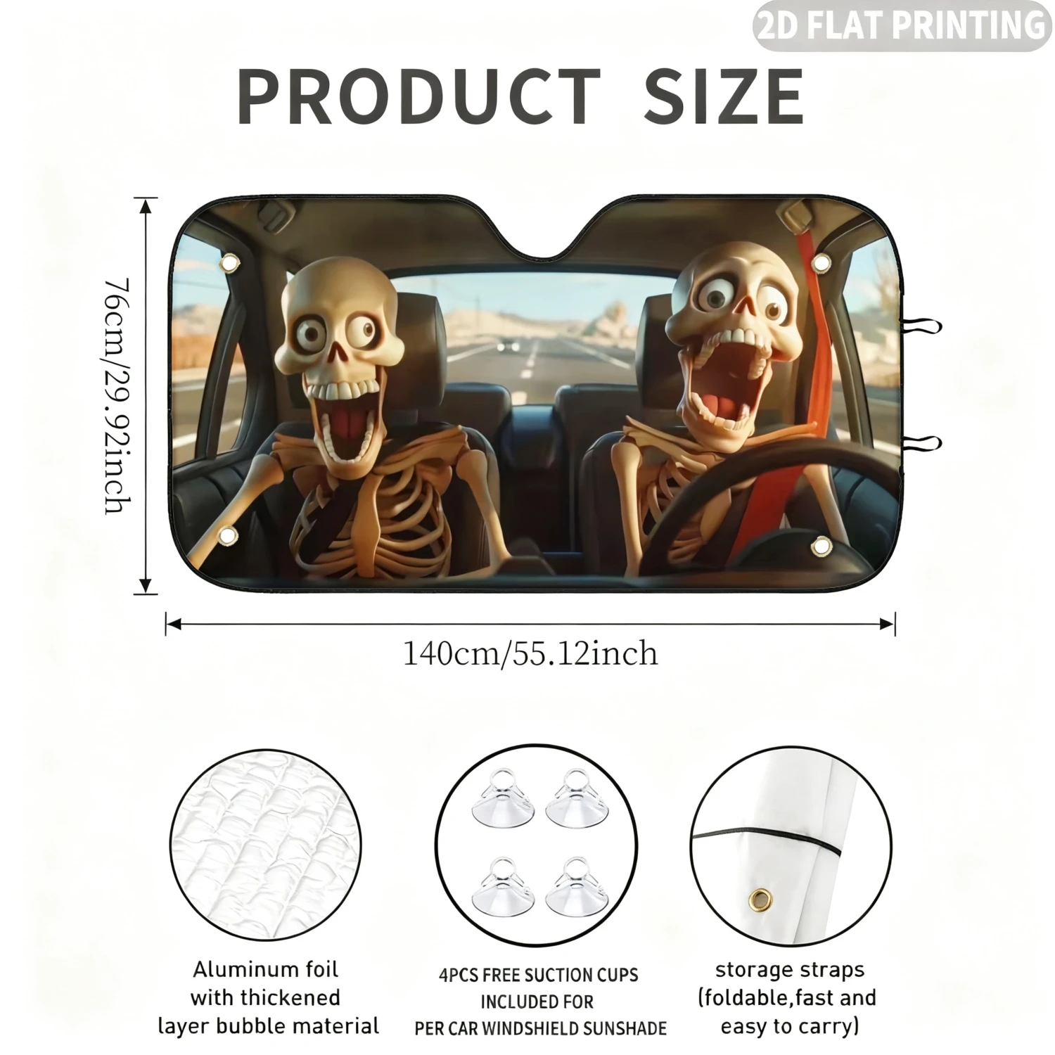 1pc Universal Car Windshield Sunshade, with Skeletons Driving Car 2D FLAT Printing, with 4 Suction Cups, Protect Your Privacy