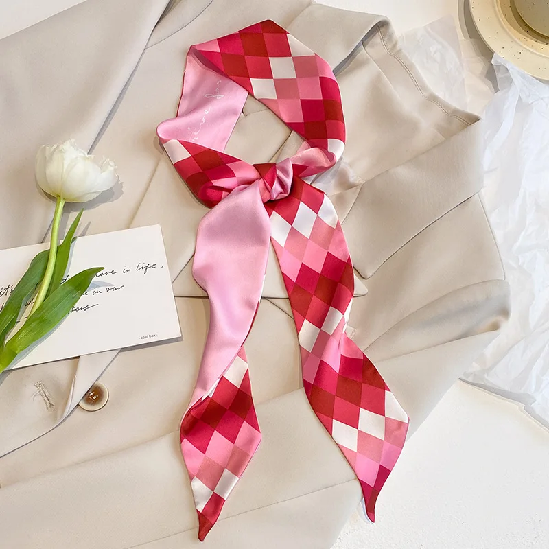 2023 New Fashion Print Pink Skinny Bag Ribbon Scarf for Women Soft Satin Hairband Foulard Neckerchief Female Neck Tie Hair Scarf