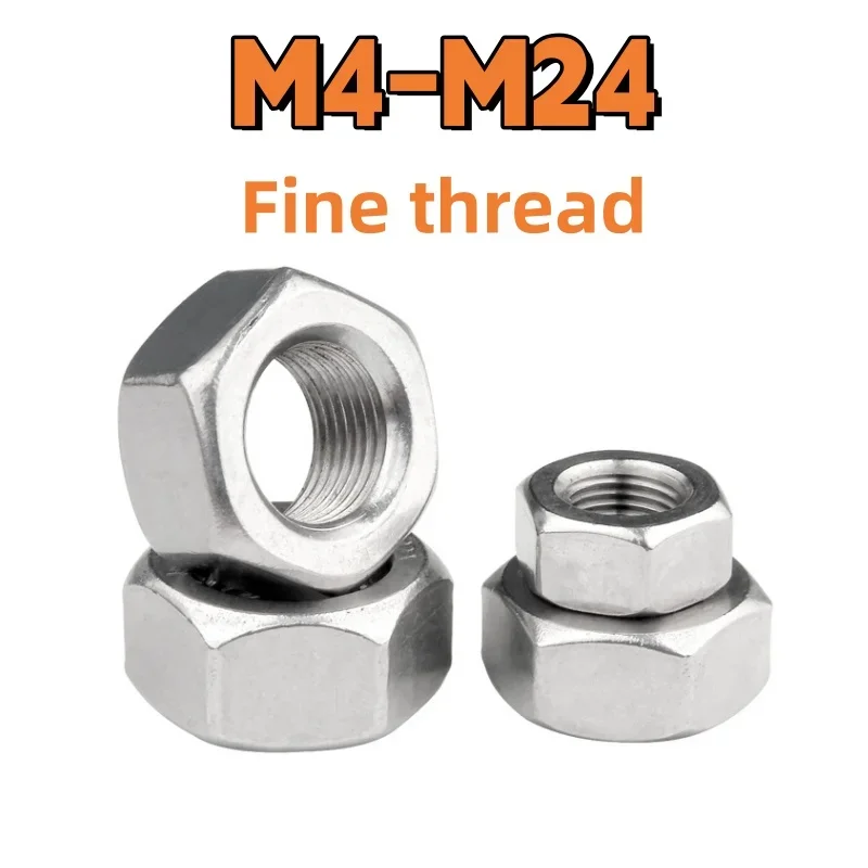 304 Stainless Steel Fine Thread Hex Hexagon Nut for M4 M5 M6 M8 M10 M12 M14 M16 M18 M20 M22 M24 Pitch:0.5/0.75/1/1.25/1.5/2mm