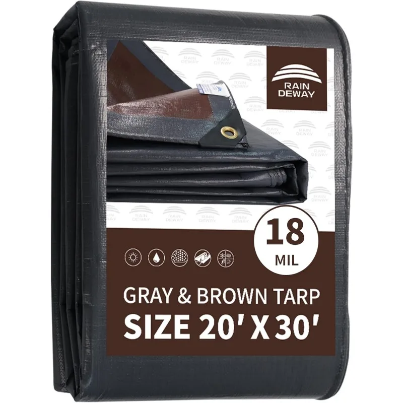 2025 20x30 Feet Super Heavy Duty Tarp 18 Mil,   Poly Tarp with Grommets and Reinforced Edges, Brown/Gray Tarp