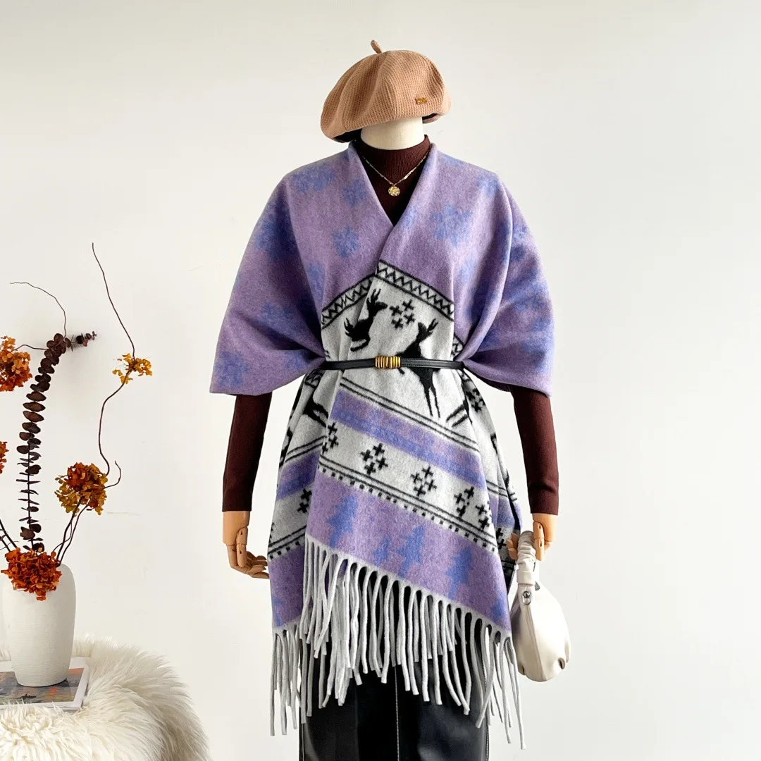 

​ ​ Уютная шаль с узором оленя, мягкий женский шарф из искусственного кашемира, зимний клетчатый шарф с разрезом, теплый подарок на праздник сезона ​