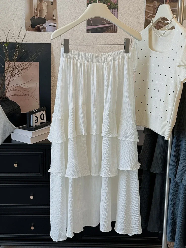 2023 frühling Sommer Neue Frauen Hohe Taille Dünne Lange Rock Mode Süße Unregelmäßige Rüschen Split Saum Kuchen Rock