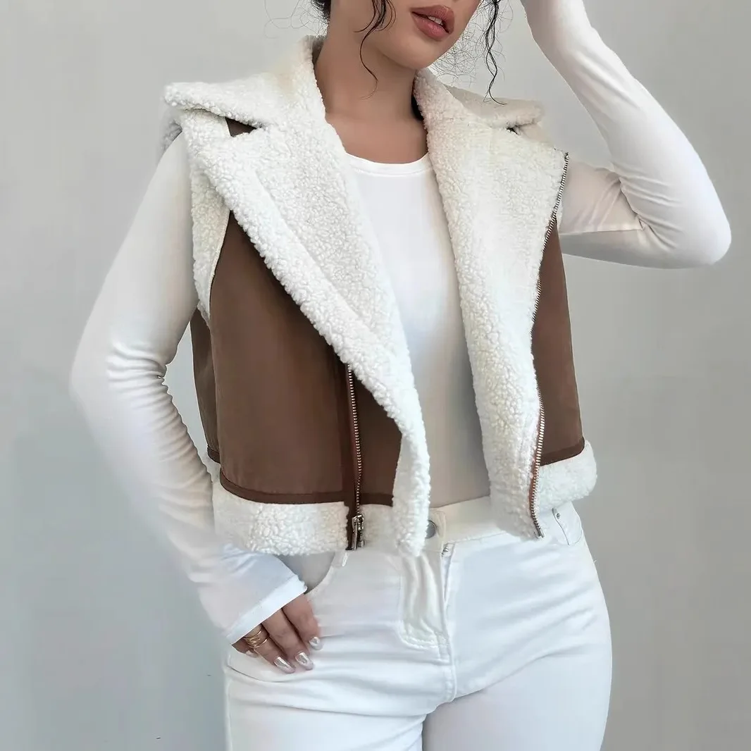 سترة نسائية مقسمة سترة من الصوف سترة بدون أكمام وياقة مقلوبة وسحاب عالي الشارع فضفاض لخريف 2025 مرقع #2