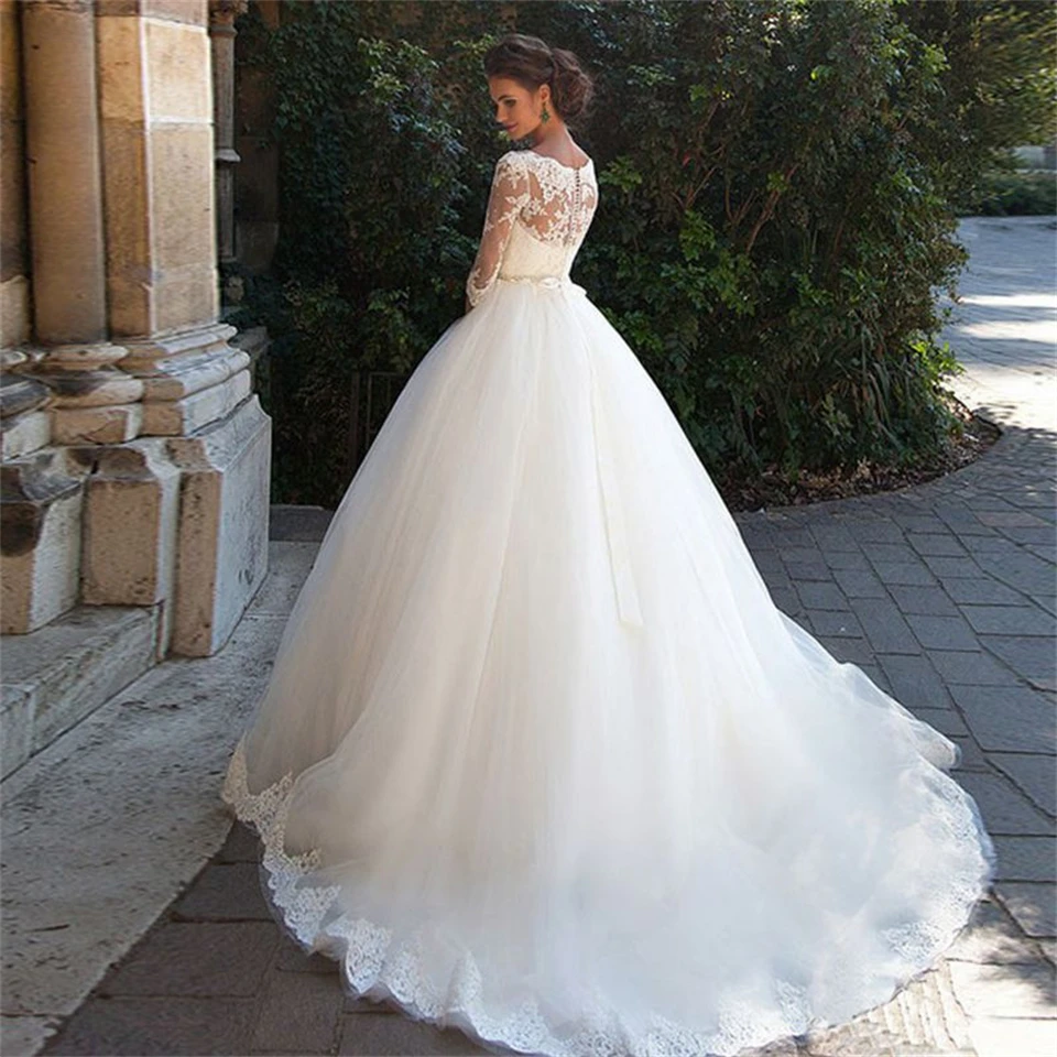 Customized Tulle Lace Illusion Pearl O-Neck Appliques Ball Gown Wedding Dresses For Women 2024 Court Train Vestidos De Noiva