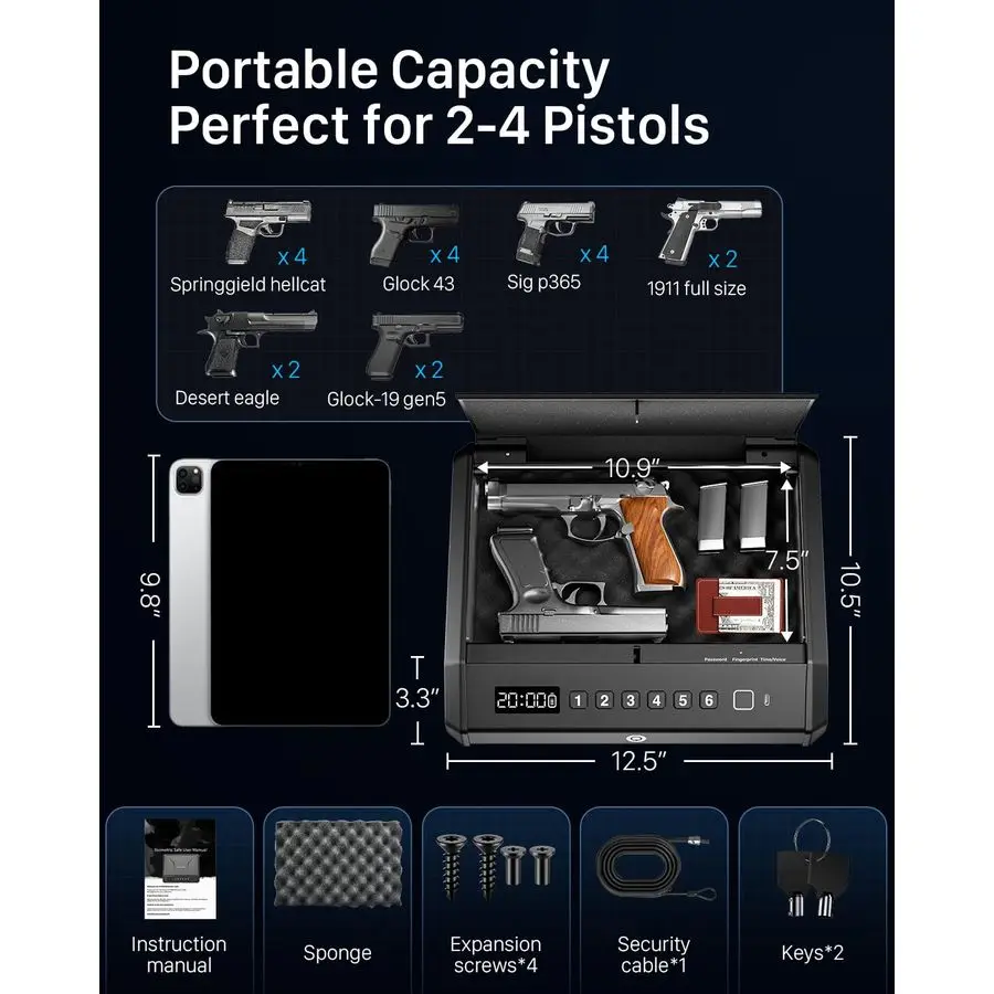 آمن للمسدس البيومتري يناسب 4 مسدسات، 100 مجموعة من مسدسات بصمات الأصابع آمنة مع وضع صامت للضوء الداخلي، مصدر طاقة للطوارئ #4