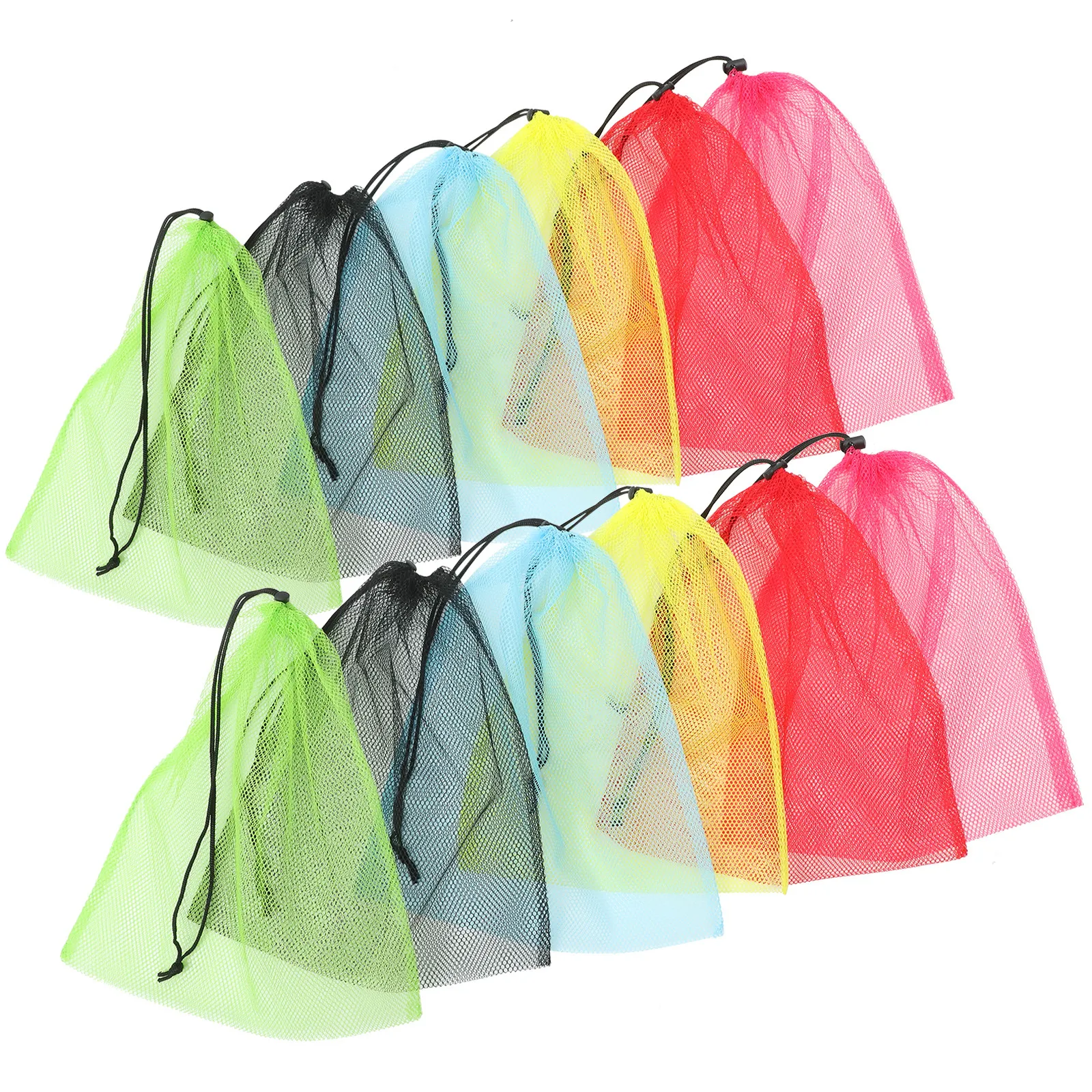 

12 шт. сетчатых мешков на шнурке большой вместимости для хранения спортивного инвентаря, фитнес-аксессуаров, дорожных принадлежностей, мячей для гольфа, белья, овощей, принадлежностей для плавания