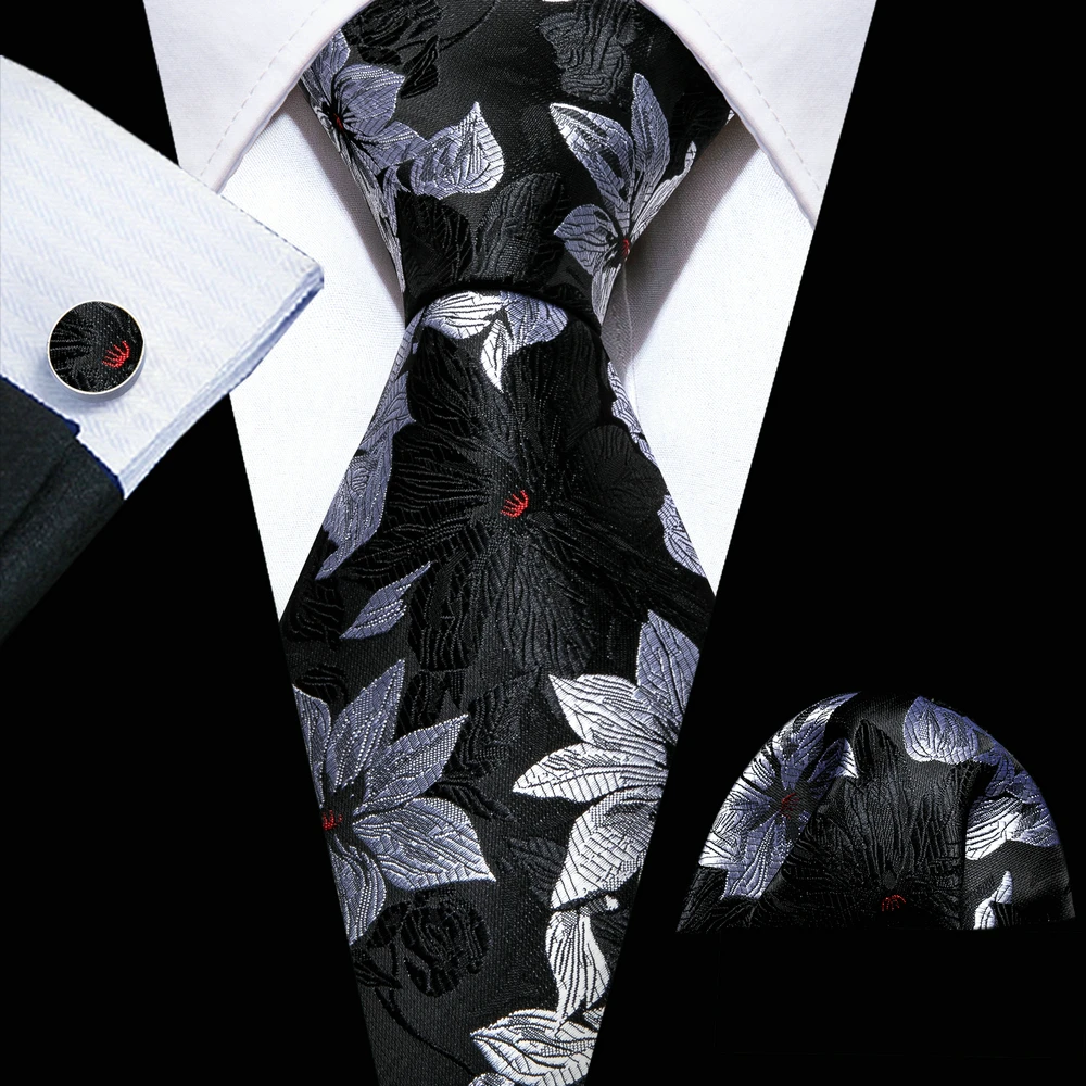 Designer Ties for Men Black Silver Gray Solid Paisley Striped Plaid Floral Neck Tie Pocket Square Cufflinks Set Barry·Wang