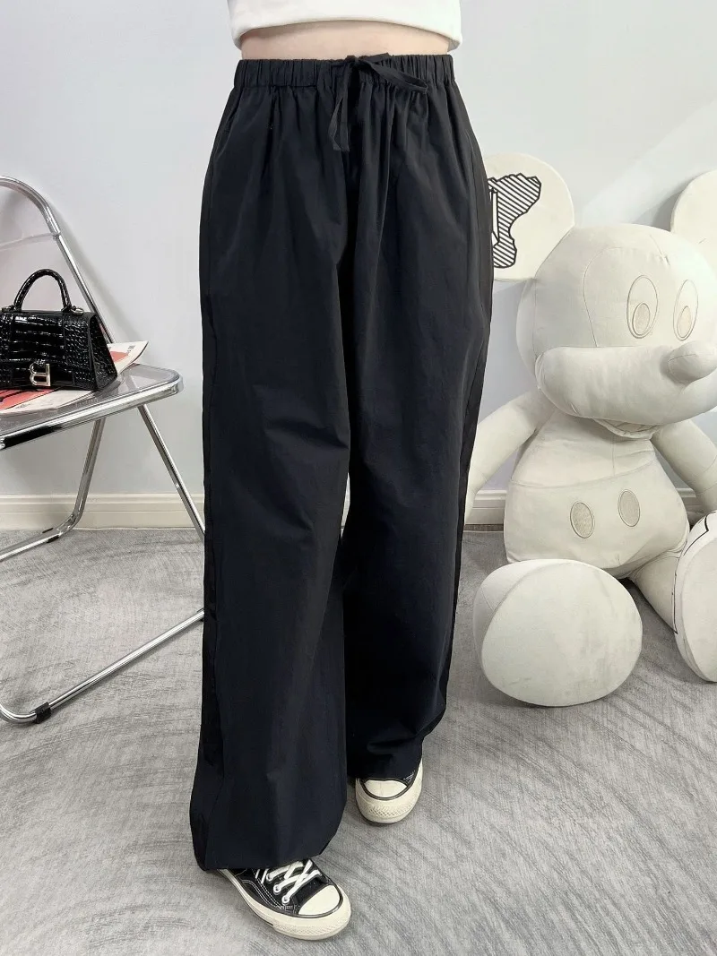 

Spring and Summer Silk Splicing Cotton Loose Simple Drawstring Elastic Waist-shaped Black Casual Pants for Women