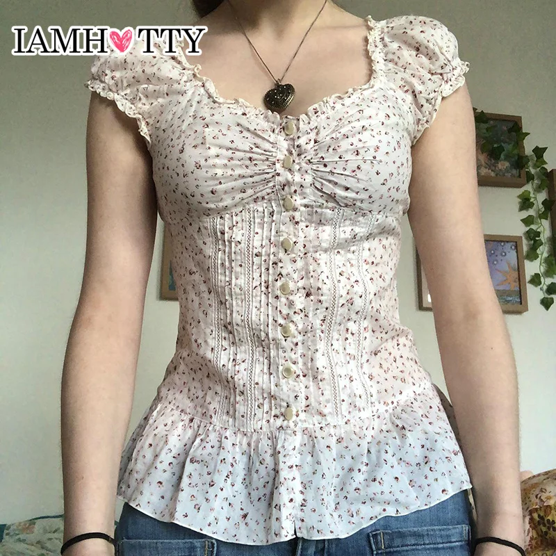 

IAMHOTTY Floral Print Ruched A-line Blouse French Style Single-breasted Short Sleeve Top Chic Slimming Tie-up Collar Shirts Cute