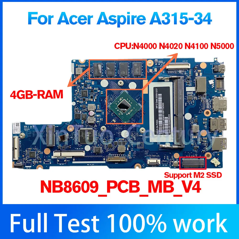 NB8609_PCB_MB_V4 Voor Acer Aspire A315 A315-34 Laptop Moederbord NBHE311007 Nb. HE311.007 W/Srfyx N4000C Cpu Ram 4Gb NB8612F07-M