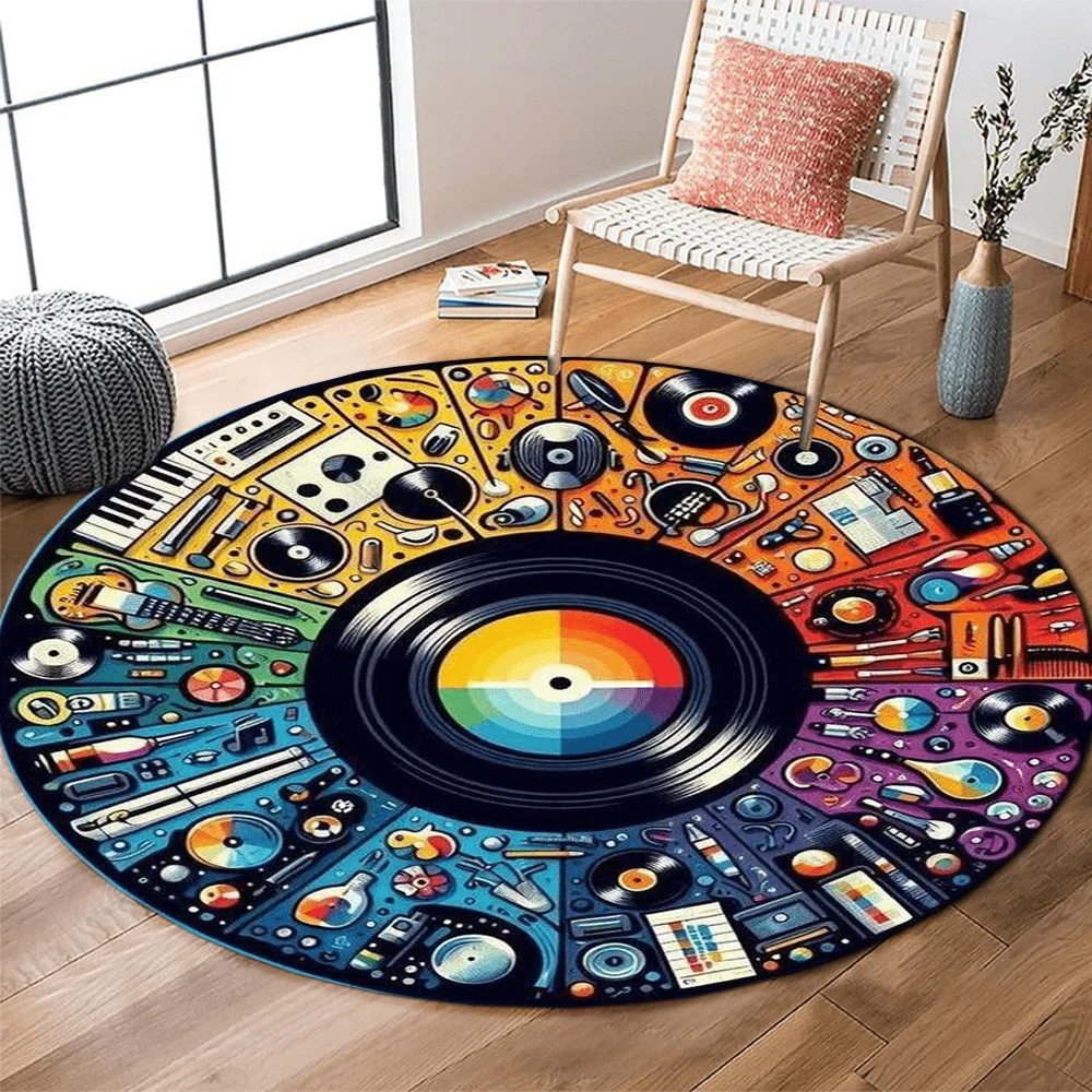 Music Vinyl Record Round Rug Flannel Colorful Instruments Pattern Floor Mat for Music Lovers Home Studio Decor Creative Gift