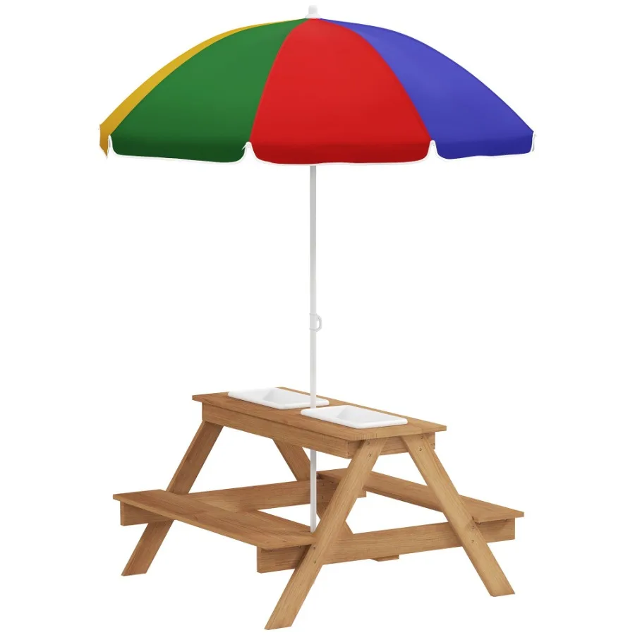

Qaba Wooden Outdoor Picnic Table with Removable Umbrella Sand and Water Activity Table for Patio Mixed Color