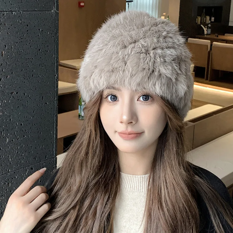 Real Rabbit Fur Earflap Hat Thickened Cold Proof Wind Resistant Fur Hat Winter Warm Fur Hat For Women Outdoor Skiing Beanies