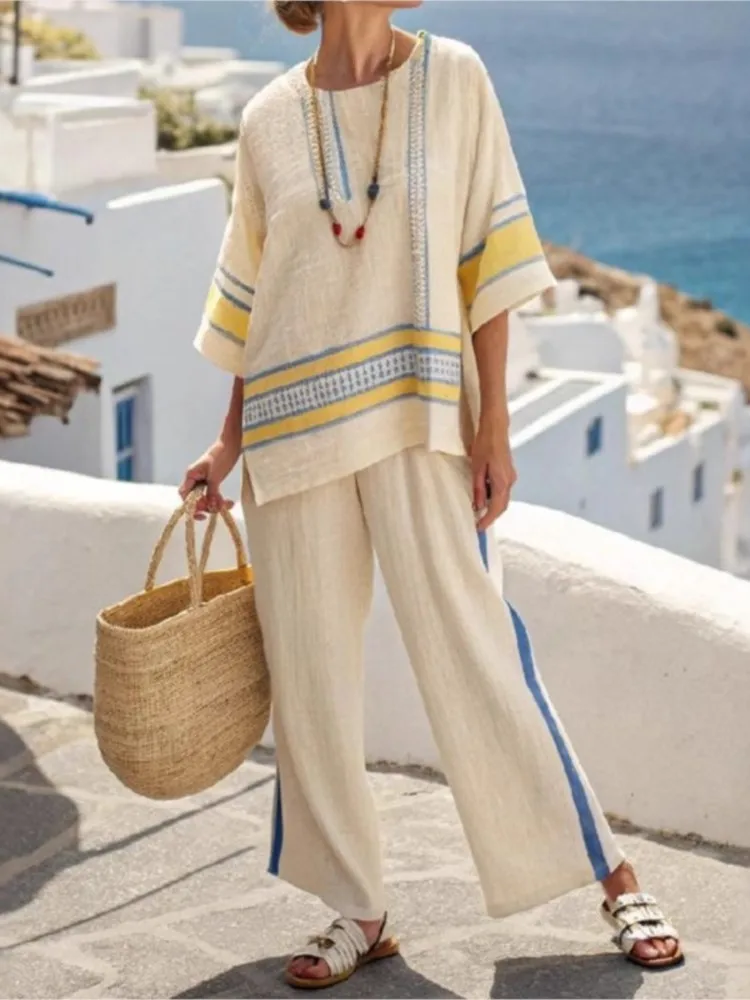 레트로 휴가 프린트 스트라이프 2피스 세트 하프 슬리브 오버 사이즈 풀오버 탑 + 롱 팬츠 캐주얼 여성 패치 워크 포켓 세트 의상