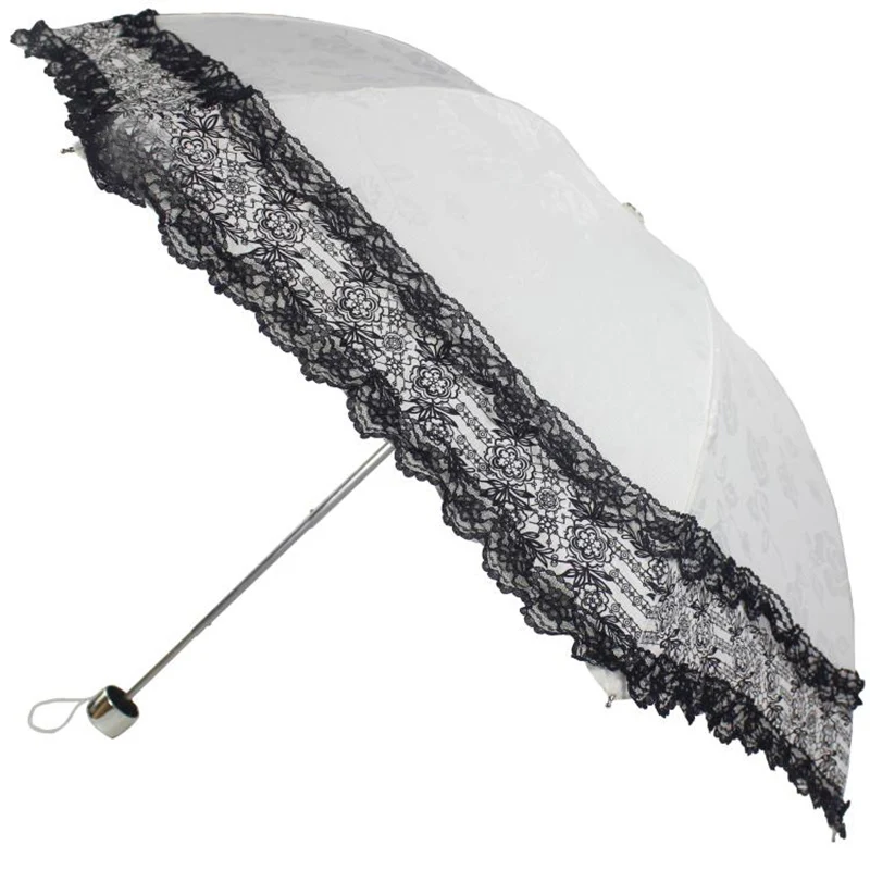 Woman Princess Lace 3 Folding Rain Umbrella Female Outdoor Wind Resistant UV Protection Parasol White Pink Classic Vintage Gift