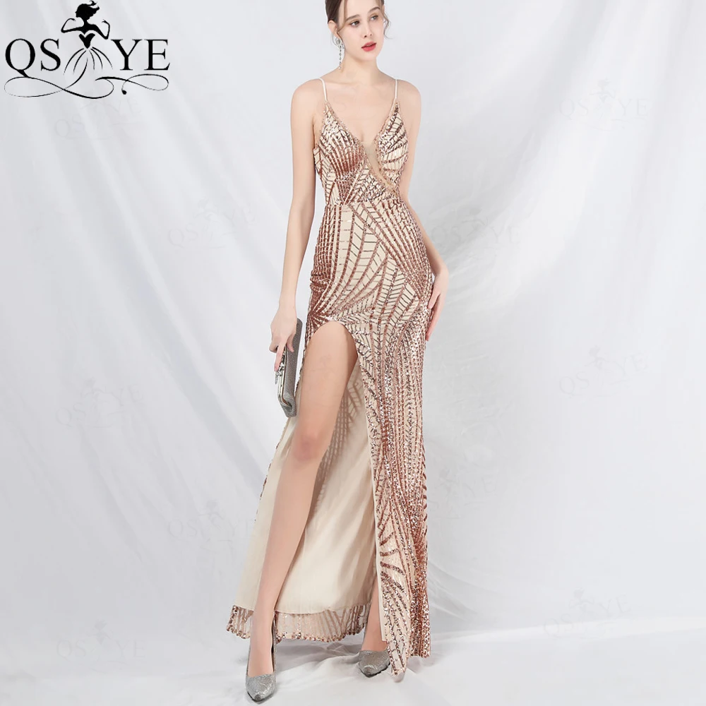 

Keyhole Crystal Bead Golden Evening Dresses V neck Spaghetti Straps Sequin Prom Gown Spider Web Lace Slit Girl Gold Party Dress