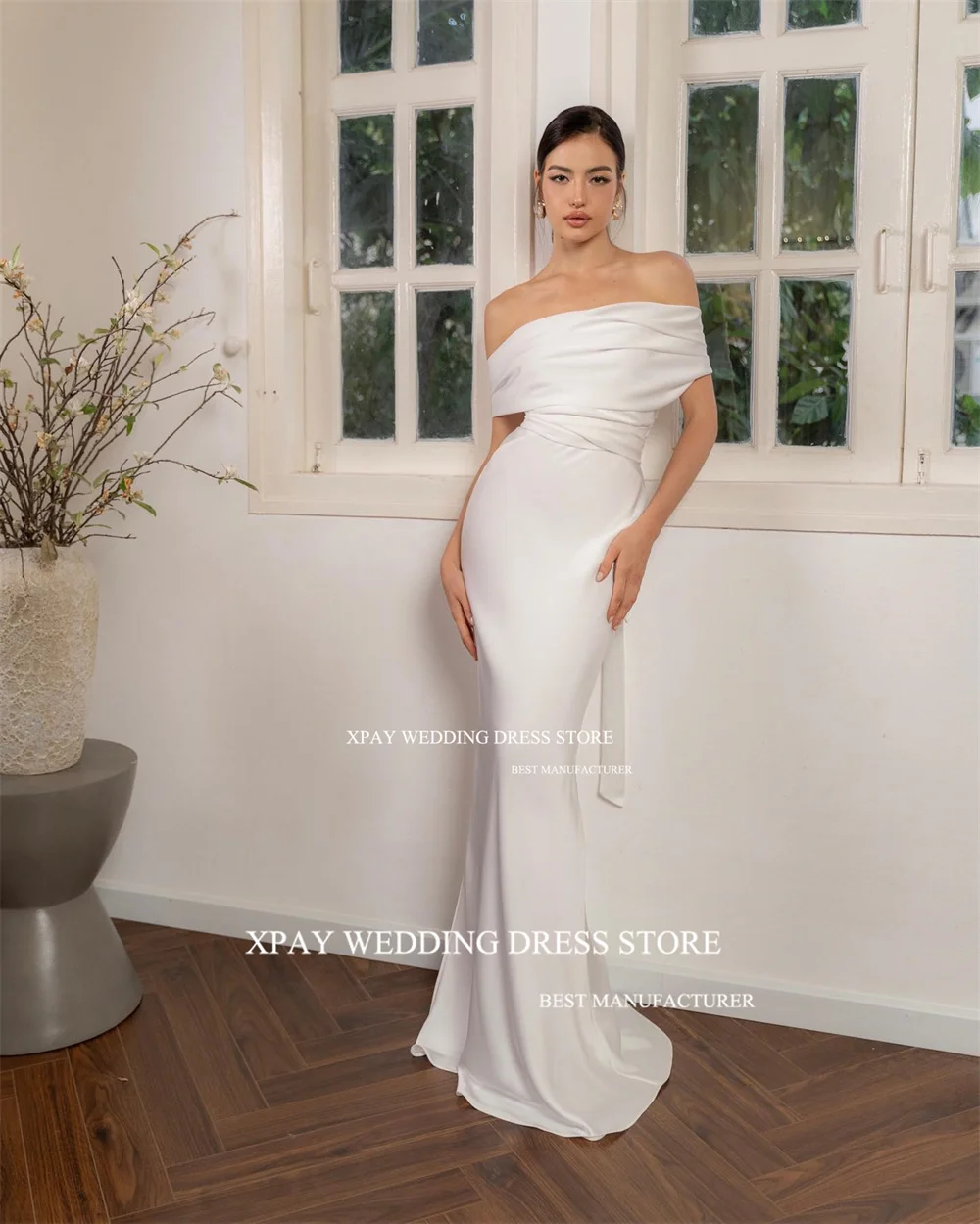 Xpay elegante sereia vestidos de casamento cetim de seda fora do ombro vestido de festa de casamento da noiva drapeado capa personalizado robe de casamento