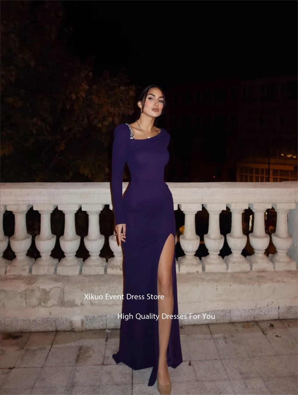 Xikuo preto alta fenda vestidos de noite bling cristal mangas compridas robe cocktail femmes até o chão sexy vestidos de baile personalizado