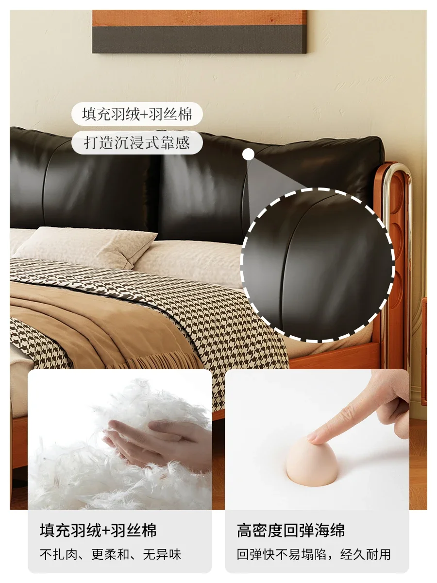 

Кровать Flowing Shadow Medium из черной кожи в антикварном стиле, из массива дерева, для дома, в стиле Баухаус, для небольшой квартиры, для главной спальни, французская ретро-кровать с мягким изголовьем